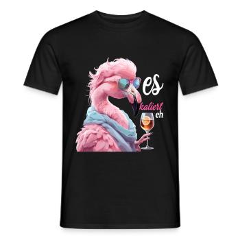 Ça s’intensifie quand même Flamingo avec des lunettes de soleil et du vin - T-shirt homme - noir - Devant - AI Model Male 178 light (178cm)