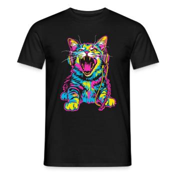 Colorful cat with headphones in retro style - Men's T-Shirt - black - Front - AI Model Male 178 light (178cm)