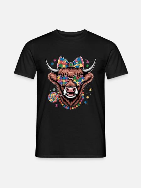 Farbenfrohes Puzzle Kuh-Motiv mit Herzbrille und - Mænd T-shirt - sort