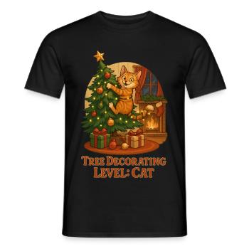 Cat decorates Christmas tree - Men's T-Shirt - black - Front - AI Model Male 178 light (178cm)