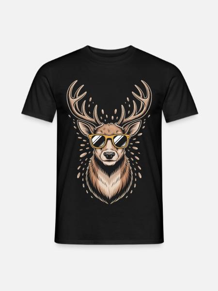 Hirsch mit Geweih und Sonnenbrille - Männer T-Shirt - Schwarz