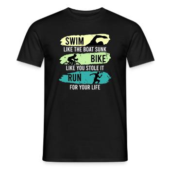 Triathletes saying swimming cycling running - Men's T-Shirt - black - Front - AI Model Male 178 light (178cm)