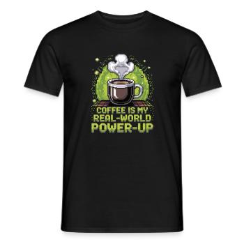 Coffee is my Real-World Power-Up – Gamer & Kaffee - Männer T-Shirt - Schwarz - Vorne - AI Model Male 178 light (178cm)