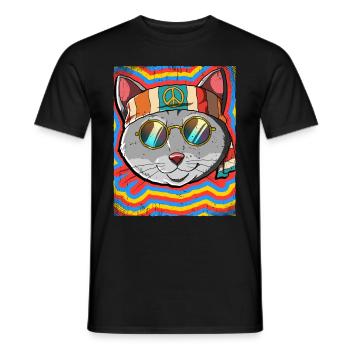 Hippie Katze Psychedelisch Trippy - Männer T-Shirt - Schwarz - Vorne - AI Model Male 178 light (178cm)