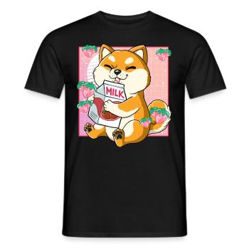 Kawaii Shiba Inu Chien Lait à la Fraise - T-shirt homme - noir - Devant - AI Model Male 178 light (178cm)