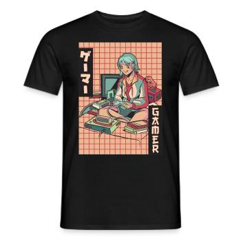 Gamer Anime Girl Vaporwave Aesthetic Gaming Ges - Men's T-Shirt - black - Front - AI Model Male 178 light (178cm)