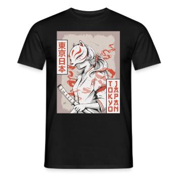 Samurai Anime Girl Kitsune Masque Tokyo Japon Ge - T-shirt homme - noir - Devant - AI Model Male 178 light (178cm)