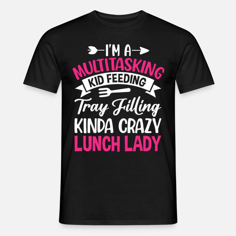 Cafeteria Employee Multitasking Child Feeding - Men’s T-shirt - black