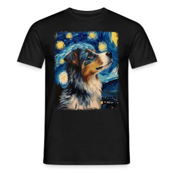 Australian Shepherd Herding Dog Starry Night Painting - Men's T-Shirt - black - Front - AI Model Male 178 light (178cm)