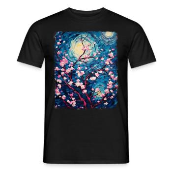 Cherry Blossoms Japanese Flower Starry Night Painting - Men's T-Shirt - black - Front - AI Model Male 178 light (178cm)