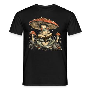 Cottagecore Aesthetic Frog Reading Book Mushroom Gobl - Men's T-Shirt - black - Front - AI Model Male 178 light (178cm)