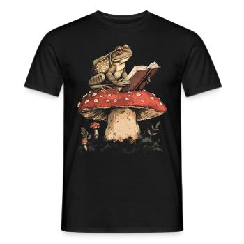 Cottagecore Aesthetic Frog Reading Book Mushroom Gobl - Men's T-Shirt - black - Front - AI Model Male 178 light (178cm)
