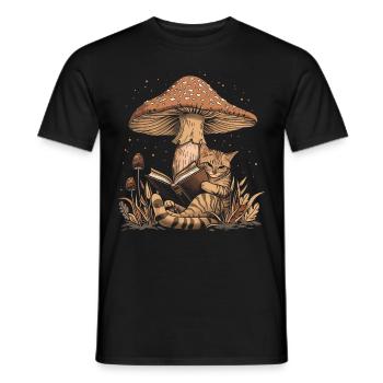 Cottagecore Aesthetic Cat Reading Book Mushroom Witchy - Men's T-Shirt - black - Front - AI Model Male 178 light (178cm)