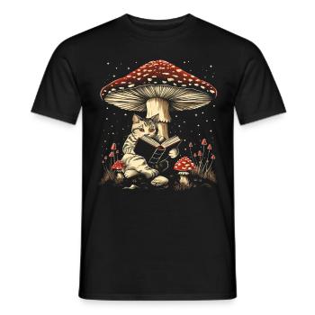 Cottagecore Aesthetic Cat Reading Book Mushroom Witchy - Men's T-Shirt - black - Front - AI Model Male 178 light (178cm)