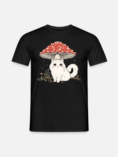 Cottagecore Ästhetische Niedliche Weiße Katze Pilz - Männer T-Shirt - Schwarz