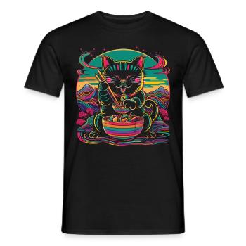 Maneki Neko Japanese Cat Happy Ramen Nude - Men's T-Shirt - black - Front - AI Model Male 178 light (178cm)