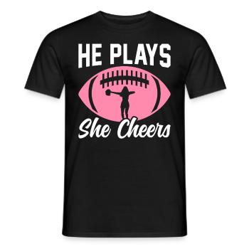 Soccer Player He Plays She Cheers - Men's T-Shirt - black - Front - AI Model Male 178 light (178cm)