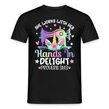 Quilting with the sewing machine She works with her - Men's T-Shirt - black - Front - AI Model Male 178 light (178cm)