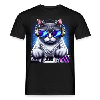 Cat DJ mit Kopfhörern und Brille auf Synthetizer - Männer T-Shirt - Schwarz - Vorne - AI Model Male 178 light (178cm)