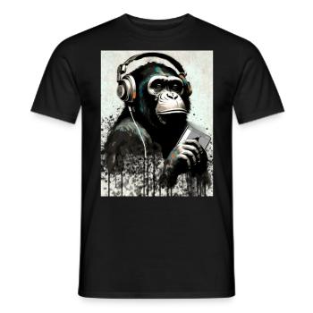 Schimpanse mit Kopfhörer Smarphone - Männer T-Shirt - Schwarz - Vorne - AI Model Male 178 light (178cm)