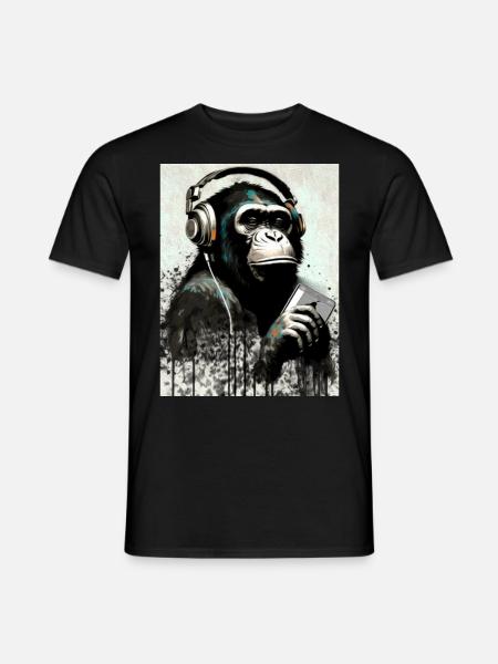 Chimpanzee With Headphones Smarphone - Men's T-Shirt - black