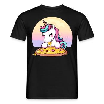 Licorne mangeant une pizza au coucher du soleil - T-shirt homme - noir - Devant - AI Model Male 178 light (178cm)