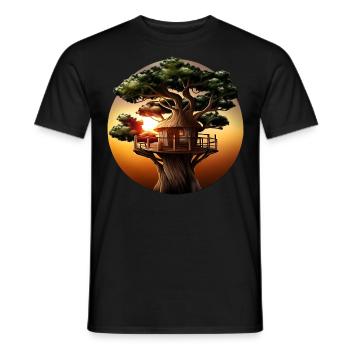 Cabane dans les arbres au coucher du soleil - T-shirt homme - noir - Devant - AI Model Male 178 light (178cm)