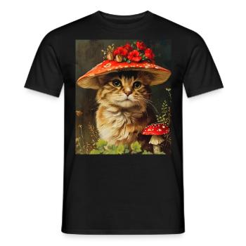 Vintage Katze in einem Pilz Blumenhut Cottagecore - Männer T-Shirt - Schwarz - Vorne - AI Model Male 178 light (178cm)