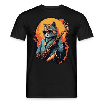 Chat drôle jouant de la musique de saxophone - T-shirt homme - noir - Devant - AI Model Male 178 light (178cm)