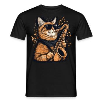 Funny Cat Playing Saxophone Music Notes Graphic - Men's T-Shirt - black - Front - AI Model Male 178 light (178cm)