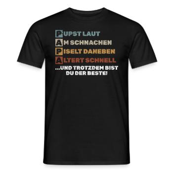 PAPA – farts loudly, snoring, next to it - Men's T-Shirt - black - Front - AI Model Male 178 light (178cm)