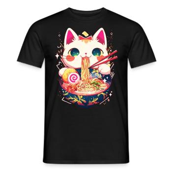 Cute Cat Kawaii Ramen Bowl Noodles Japanese Anime - Men's T-Shirt - black - Front - AI Model Male 178 light (178cm)