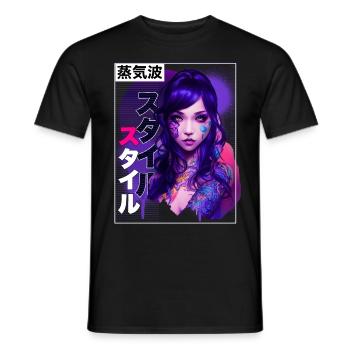 Tätowierte Anime Girl Japanische Dampfwelle weiche - Männer T-Shirt - Schwarz - Vorne - AI Model Male 178 light (178cm)