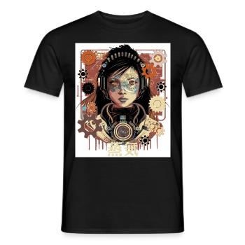 Cyber Steampunk Japanese Anime Robot Girl - Men's T-Shirt - black - Front - AI Model Male 178 light (178cm)