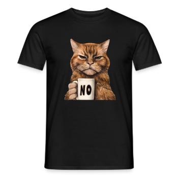 Grumpy funny cat with coffee cup says no - Men's T-Shirt - black - Front - AI Model Male 178 light (178cm)