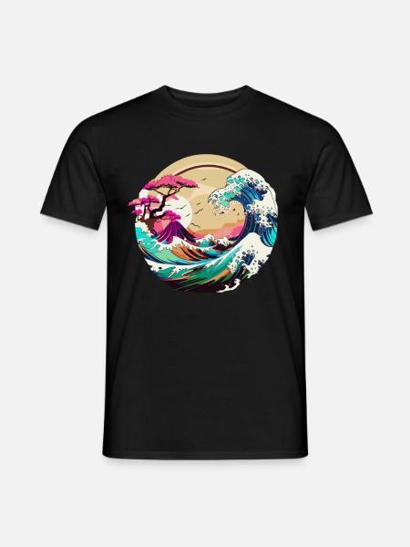 Great Wave Japanese Cherry Blossom Painting - Men's T-Shirt - black