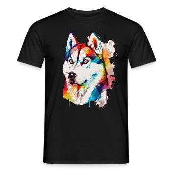 Aquarelle Husky Sibérien coloré Husky Dog Lover - T-shirt homme - noir - Devant - AI Model Male 178 light (178cm)