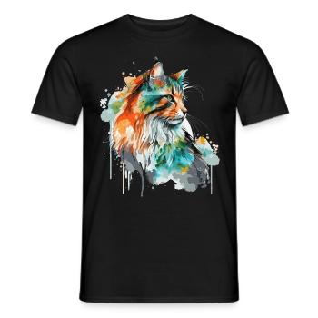 Watercolor Norwegian Forest Cat Colorful Long Hair - Men's T-Shirt - black - Front - AI Model Male 178 light (178cm)