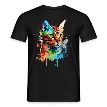 Watercolor Bengal Cat Colorful Cat Lover - Men's T-Shirt - black - Front - AI Model Male 178 light (178cm)