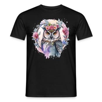 Watercolor Owl Flower Crown Artistic Floral Birds - Men's T-Shirt - black - Front - AI Model Male 178 light (178cm)