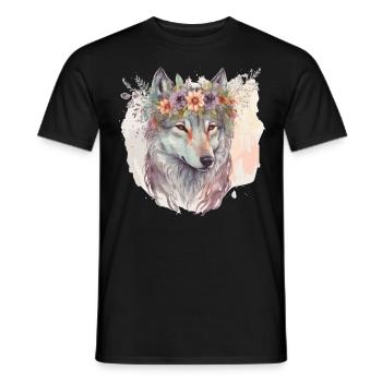 Artistic Watercolor Wolf Flower Crown Floral Anima - Men's T-Shirt - black - Front - AI Model Male 178 light (178cm)