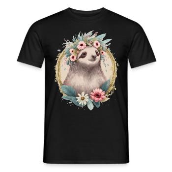 Floral Paresseux Couronne de Fleur Aquarelle mignonne - T-shirt homme - noir - Devant - AI Model Male 178 light (178cm)