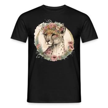 Cute Watercolor Cheetah Flower Crown Safari Animal - Men's T-Shirt - black - Front - AI Model Male 178 light (178cm)
