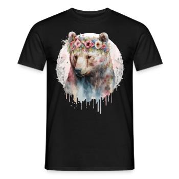 Artistic Watercolor Grizzly Bear Flower Crown Boho - Men's T-Shirt - black - Front - AI Model Male 178 light (178cm)