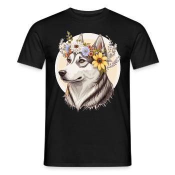 Cute Siberian Husky Flower Crown Pet Dog Breed Pup - Men's T-Shirt - black - Front - AI Model Male 178 light (178cm)