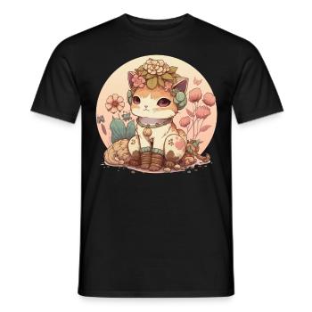 Cottagecore Cute Baby Cat Kitten Flower Anime Sola - Men's T-Shirt - black - Front - AI Model Male 178 light (178cm)
