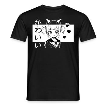 Kawaii Neko Girl School Girl Harajuku Manga Illust - Männer T-Shirt - Schwarz - Vorne - AI Model Male 178 light (178cm)