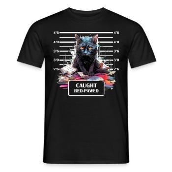 Caught Red-Pawed Funny Domestic Cat Mug Shot - Männer T-Shirt - Schwarz - Vorne - AI Model Male 178 light (178cm)