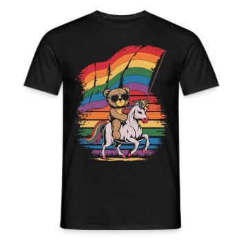 Teddy Bear Rides Unicorn LGBTQ Rainbow Flag - Men's T-Shirt - black - Front - AI Model Male 178 light (178cm)