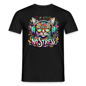 Cat with headphones Funny saying NO STRESS - Men's T-Shirt - black - Front - AI Model Male 178 light (178cm)